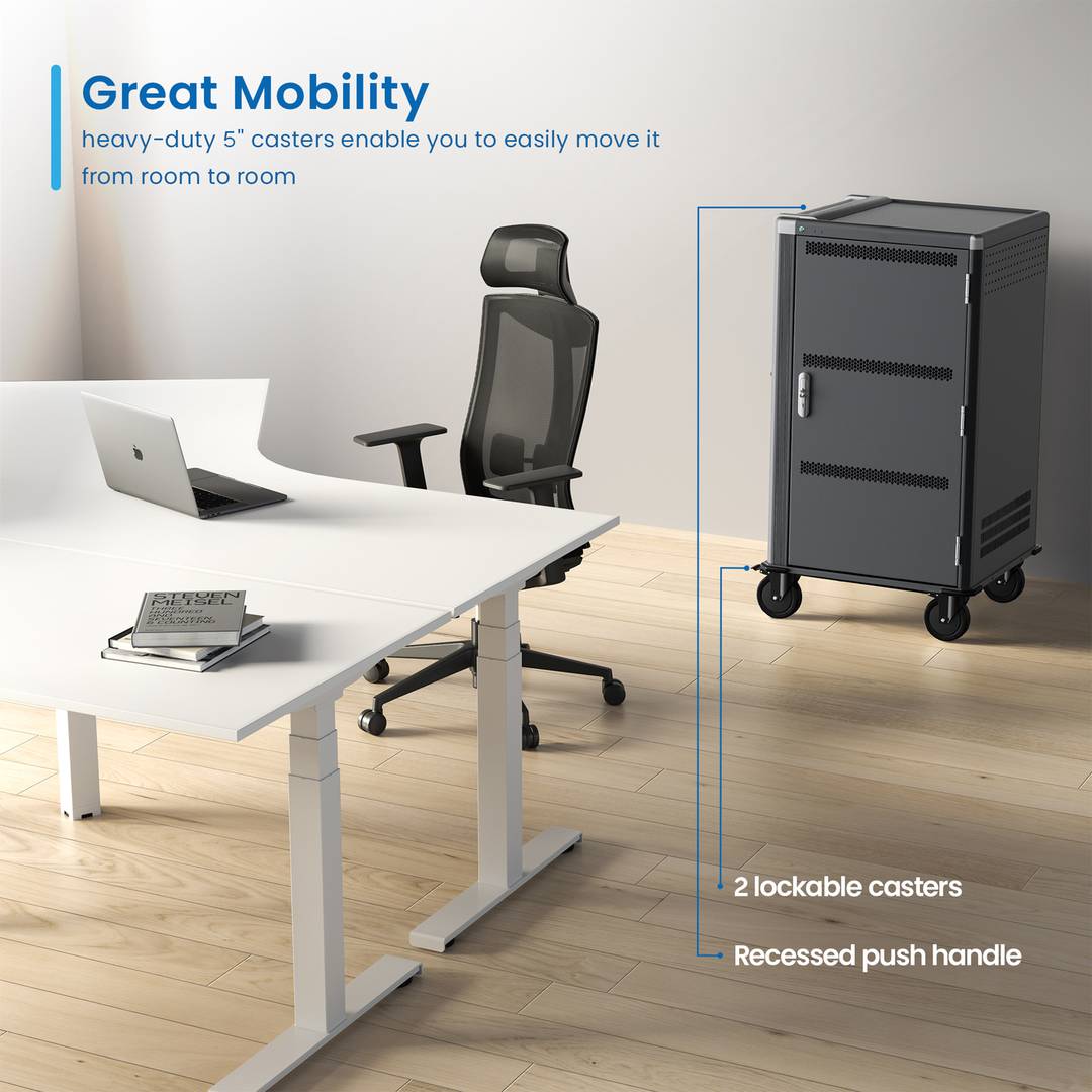 Charging and transport cabinet for 30 tablets and laptops in black with 30 Schuko sockets on 6 power strips