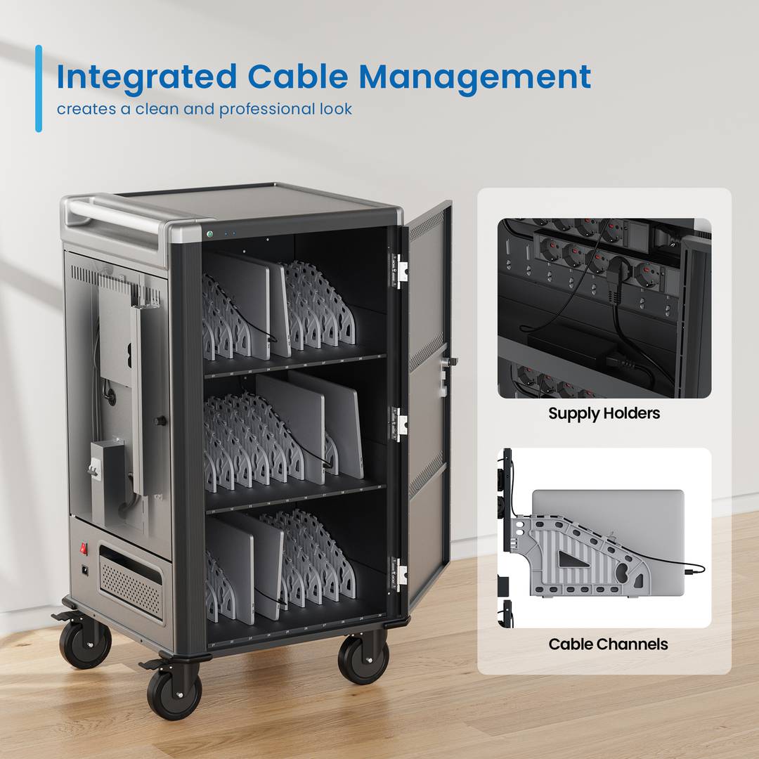 Charging and transport cabinet for 30 tablets and laptops in black with 30 Schuko sockets on 6 power strips