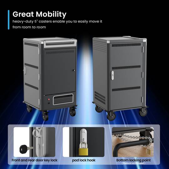 Charging and transport cabinet for 30 tablets and laptops in black with 30 Schuko sockets on 6 power strips