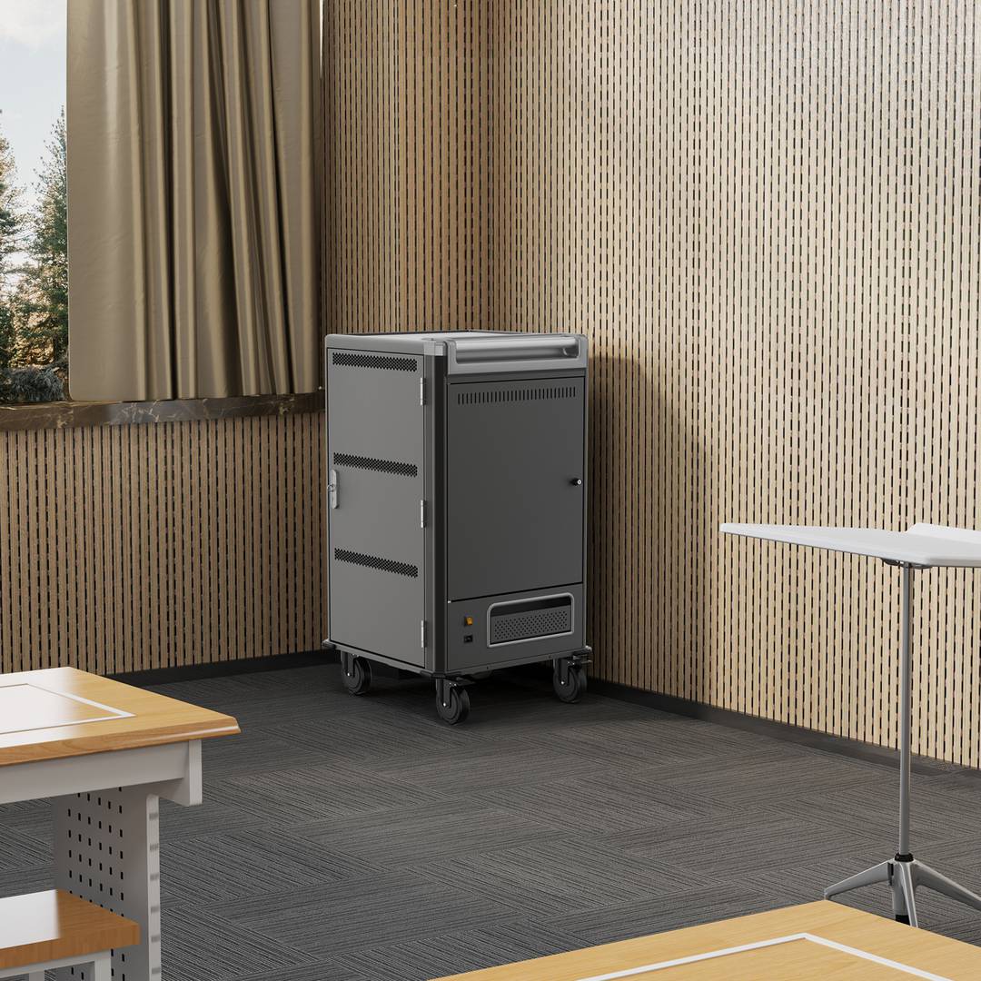 Charging and transport cabinet for 30 tablets and laptops in black with 30 Schuko sockets on 6 power strips