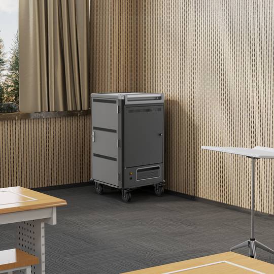Charging and transport cabinet for 30 tablets and laptops in black with 30 Schuko sockets on 6 power strips