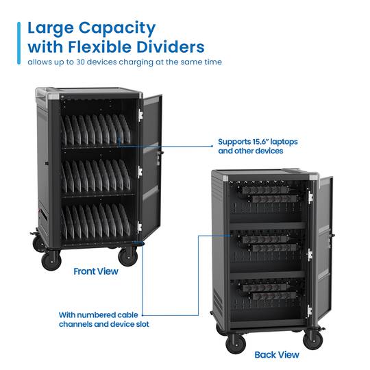 Charging and transport cabinet for 30 tablets and laptops in black with 30 Schuko sockets on 6 power strips