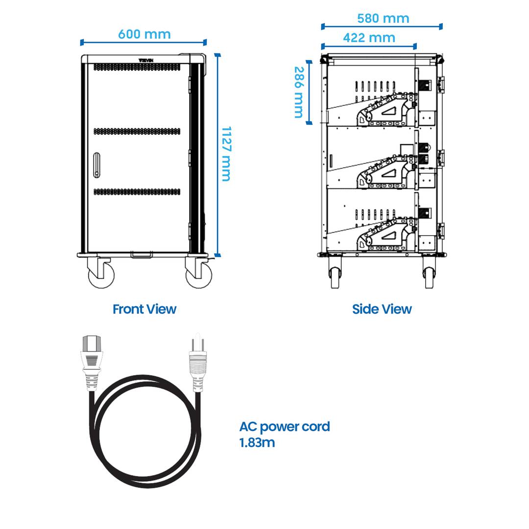 Charging and transport cabinet for 30 tablets and laptops in black with 30 Schuko sockets on 6 power strips