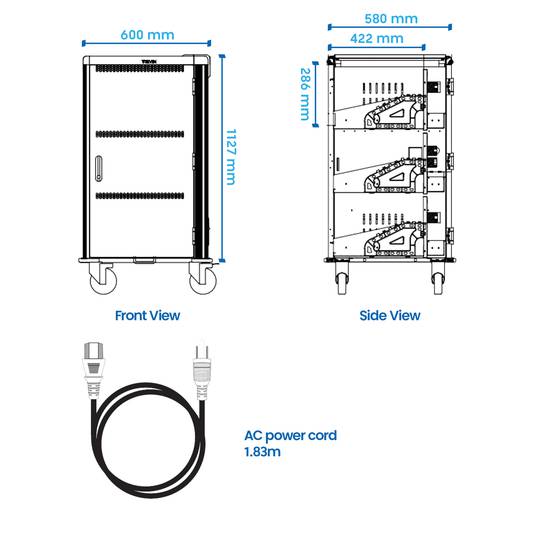 Charging and transport cabinet for 30 tablets and laptops in black with 30 Schuko sockets on 6 power strips