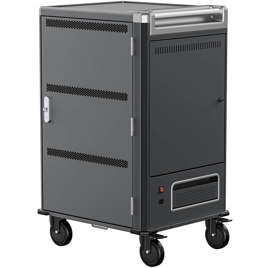 Charging and transport cabinet for 36 tablets and laptops in black with 36 Schuko sockets on 6 power strips