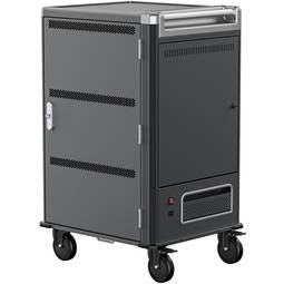 Armário de carregamento e transporte para 36 tablets e laptops na cor preta com 36 tomadas Schuko em 6 extensões