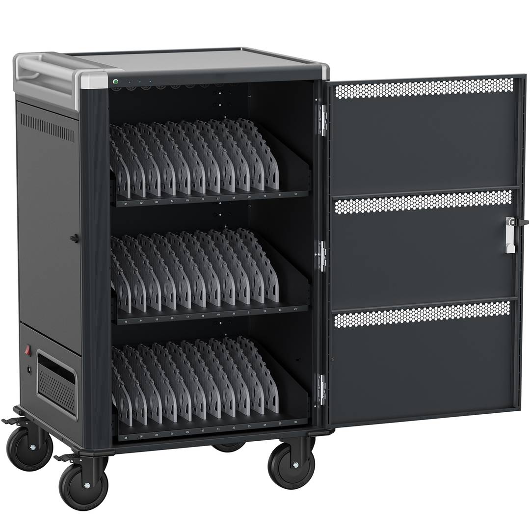 Charging and transport cabinet for 36 tablets and laptops in black with 36 Schuko sockets on 6 power strips
