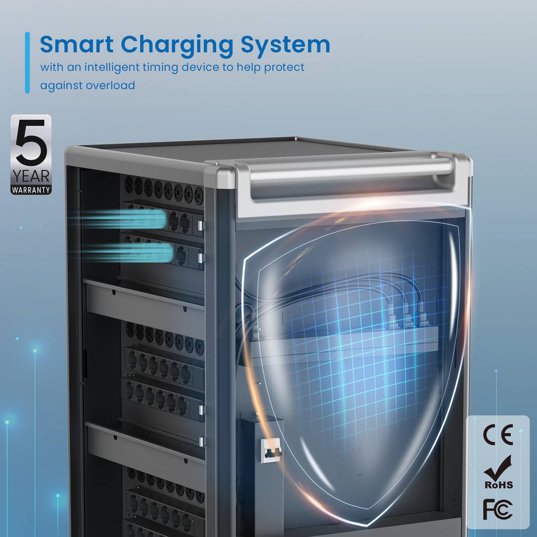 Charging and transport cabinet for 36 tablets and laptops in black with 36 Schuko sockets on 6 power strips