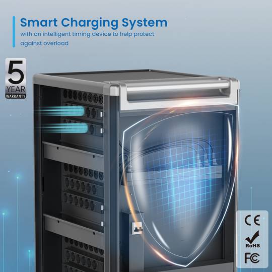 Charging and transport cabinet for 36 tablets and laptops in black with 36 Schuko sockets on 6 power strips