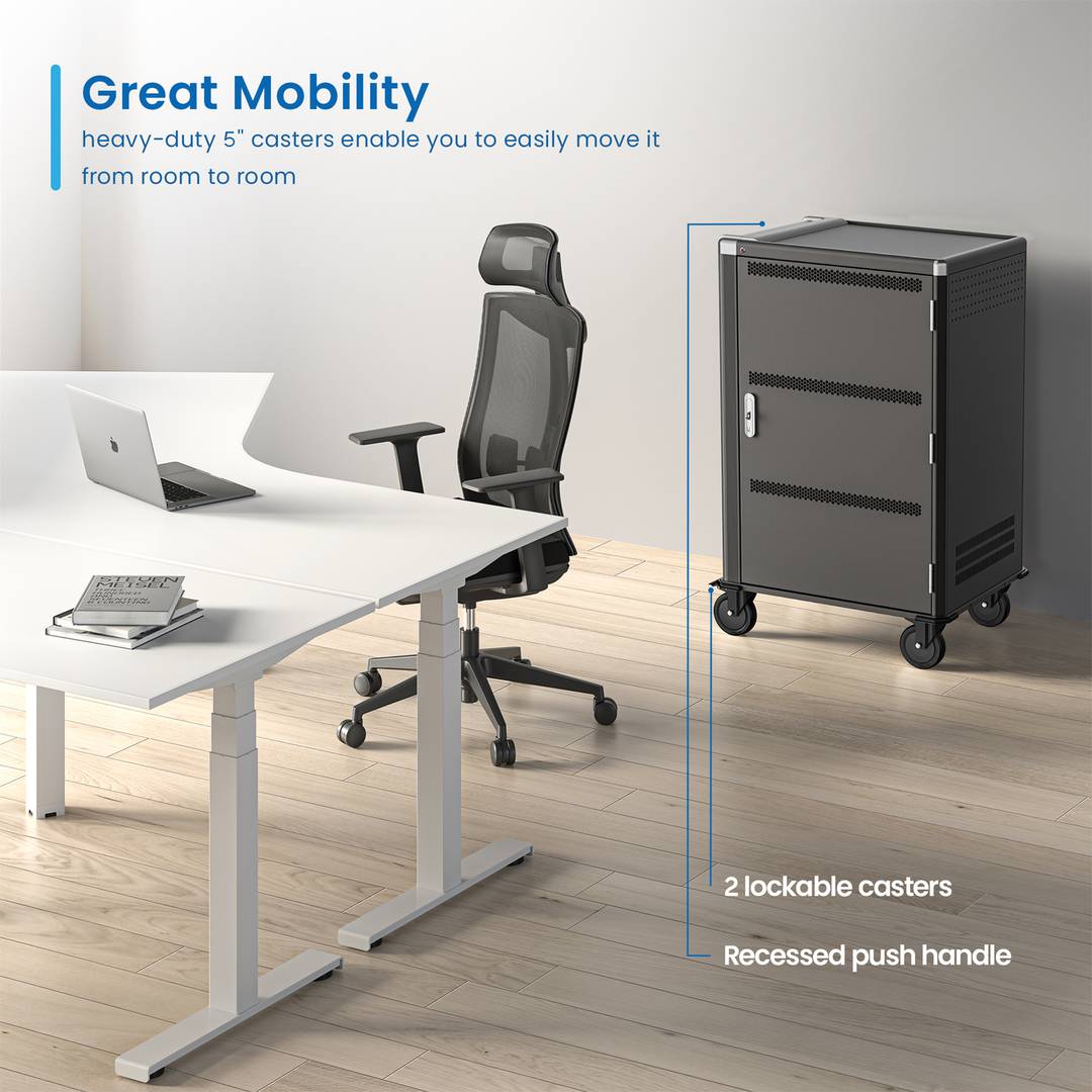 Charging and transport cabinet for 36 tablets and laptops in black with 36 Schuko sockets on 6 power strips