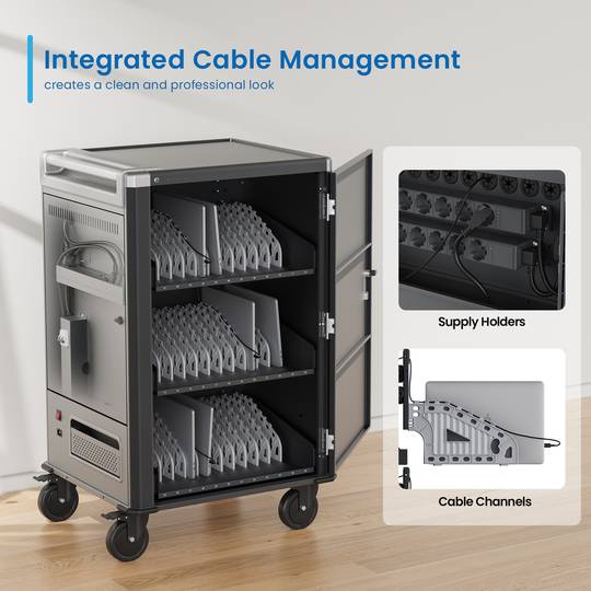 Charging and transport cabinet for 36 tablets and laptops in black with 36 Schuko sockets on 6 power strips
