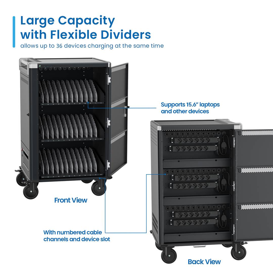 Charging and transport cabinet for 36 tablets and laptops in black with 36 Schuko sockets on 6 power strips