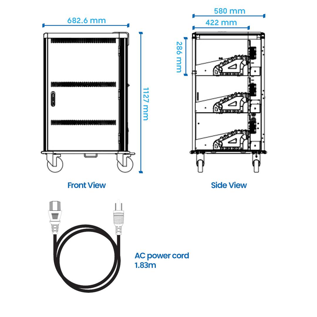 Charging and transport cabinet for 36 tablets and laptops in black with 36 Schuko sockets on 6 power strips