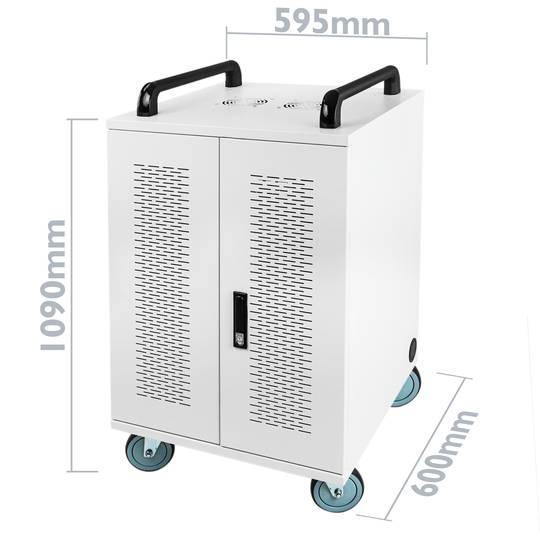 Charging and transport cabinet for 20 tablets and laptops white with 24 schuko on 2 strips
