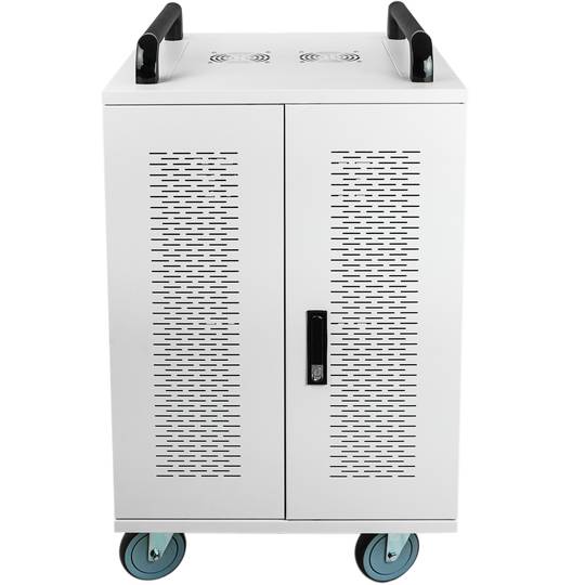 Charging and transport cabinet for 20 tablets and laptops white with 24 schuko on 2 strips