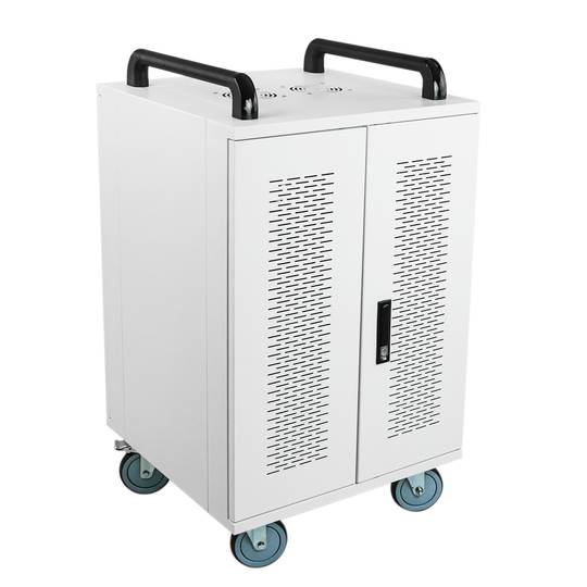 Charging and transport cabinet for 20 tablets and laptops white with 24 schuko on 2 strips