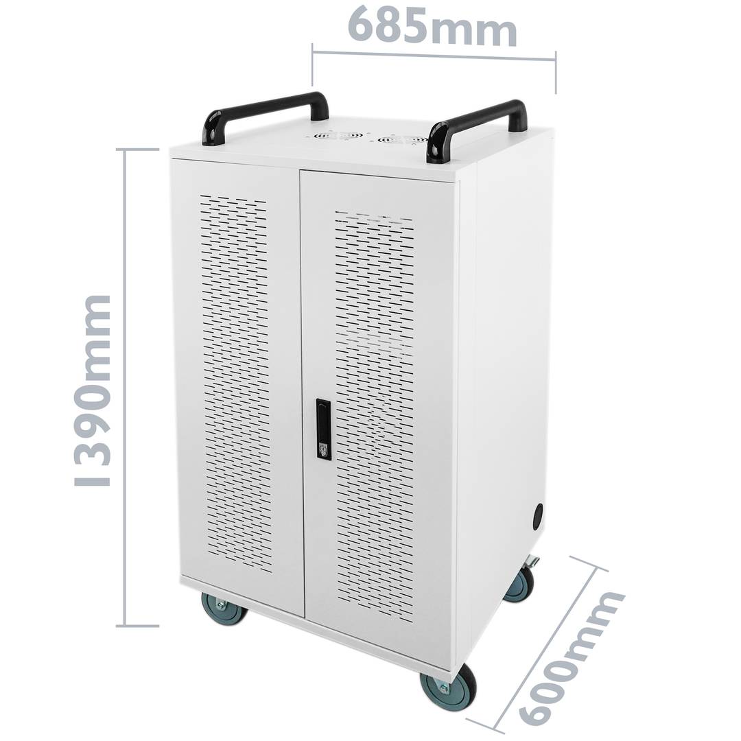 Lade- und Transportschrank für 36 Tablets und Laptops weiß mit 40 Schuko auf 4 Streifen