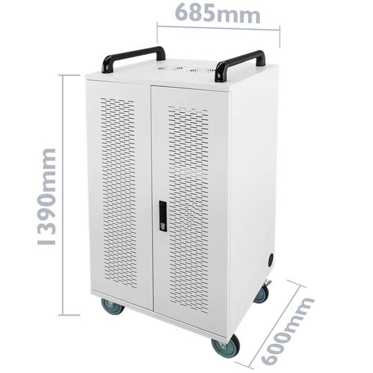 Lade- und Transportschrank für 36 Tablets und Laptops weiß mit 40 Schuko auf 4 Streifen