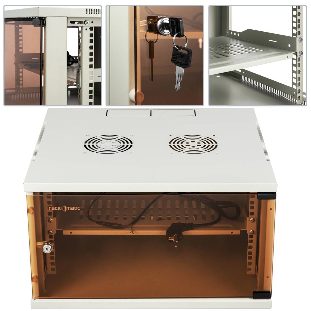 Szafa rack 19 mural 6U biały SOHOrack 540x450x312 mm z tacą 255 mm i wentylatorem