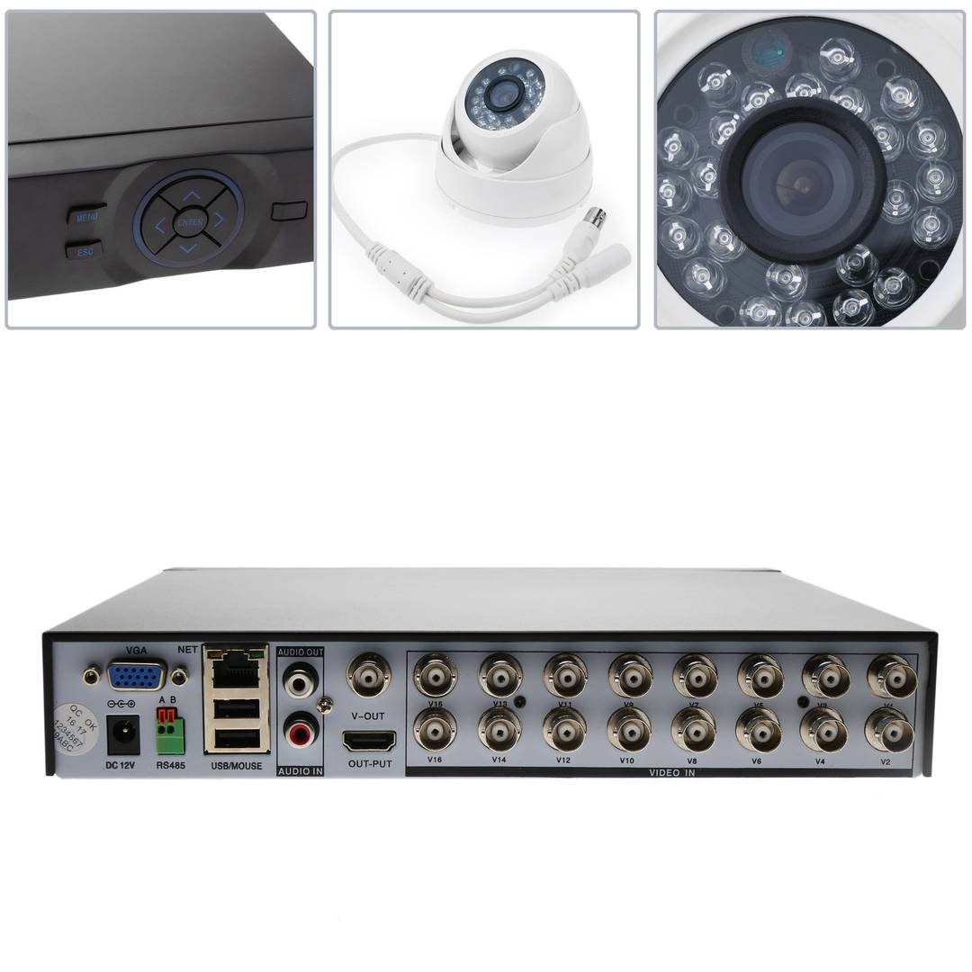 Kit de videovigilancia DVR con 16 cámaras domo compatible HDMI VGA CVBS IP