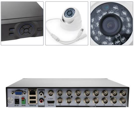Kit de videovigilancia DVR con 16 cámaras domo compatible HDMI VGA CVBS IP