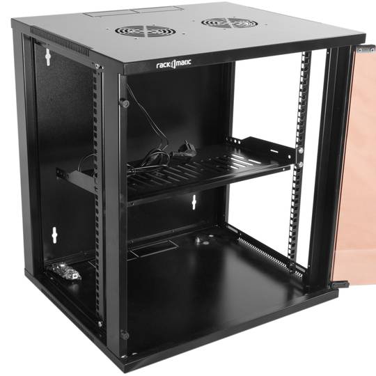 Szafa rack 19 mural 12U czarny SOHOrack 540x450x580 mm z tacą 255 mm i wentylatorem