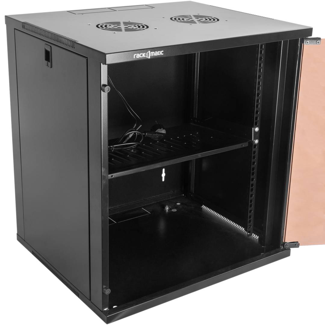 Szafa rack 19 mural 12U czarny SOHOrack 540x450x580 mm z tacą 255 mm i wentylatorem