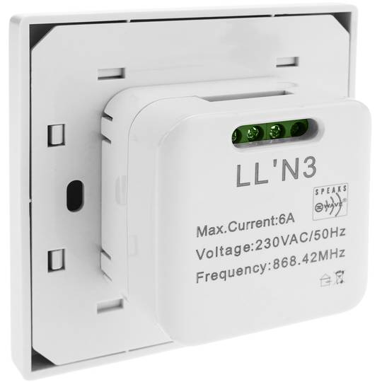 Interruptor 80x80mm sem fio Z-Wave 6A 230VAC dual branco