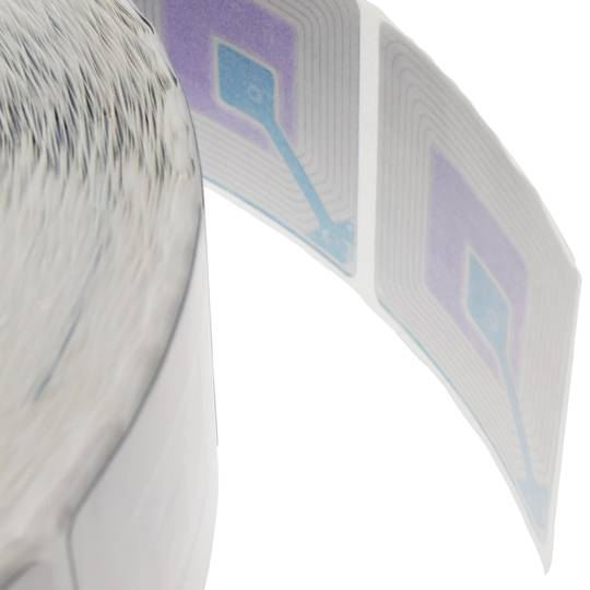 Bobina d'etiqueta adhesiva compatible amb antifurt antirobatori EAS 8.2MHz 40x40mm blanca 1000 unitats