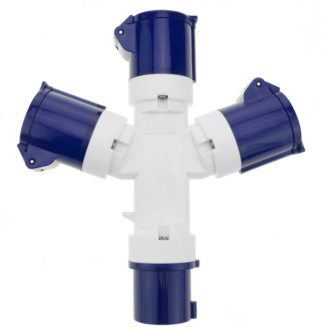 Industrial outlet Adaptor CEE plug male to 3 x CEE plug female socket 2P+T 16A 250V IP44 IEC-60309