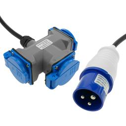 Industrial outlet Adaptor CEE plug male to 3 x CEE plug female 2P+T 16A 250V IP44 IEC-60309 cable 15cm