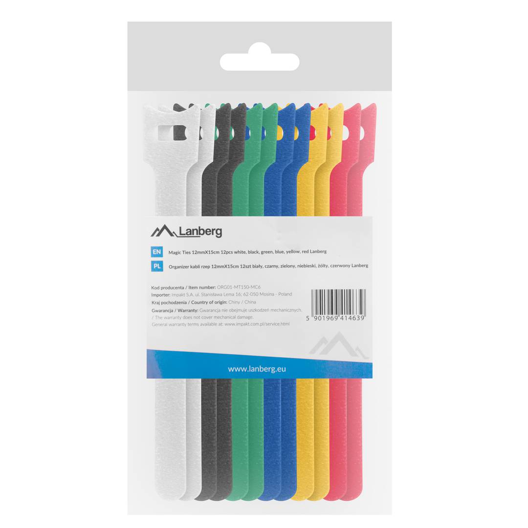 Pack de 12 unitats de brida adherent 150mm en colors negre, blau, verd, vermell, blanc i groc de Lanberg ORG01-MT150-MC6