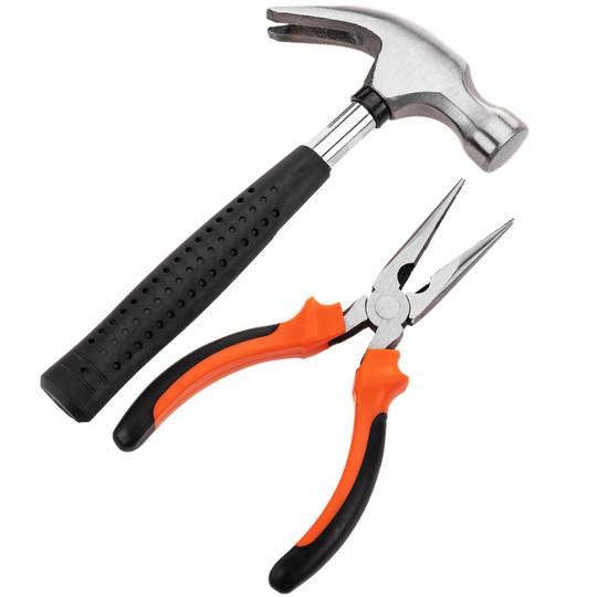 12 piece basic tool set. Screwdriver, pliers, hammer, tape measure, etc.