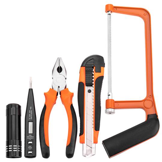 12 piece basic tool set. Screwdriver, pliers, hammer, tape measure, etc.