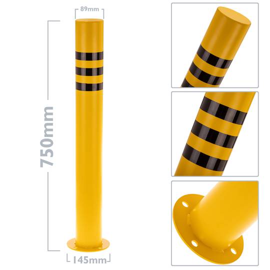 Pack de 2 uds de pilonas bolardos de acero con base clavada amarilla 89x750mm