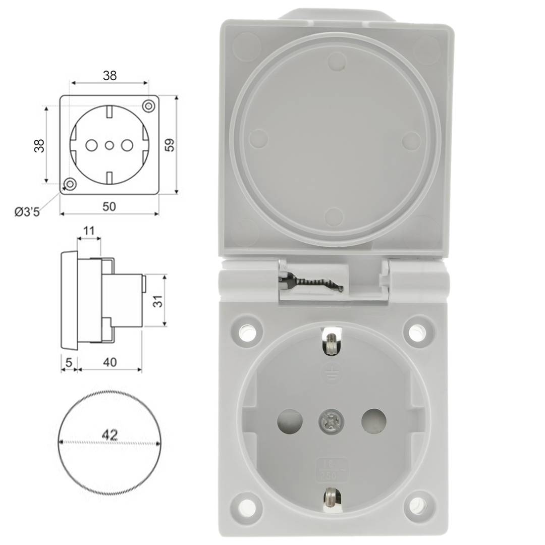 Inbouw Schuko-voet IP44-schroef met witte afdekking, 2 stuks