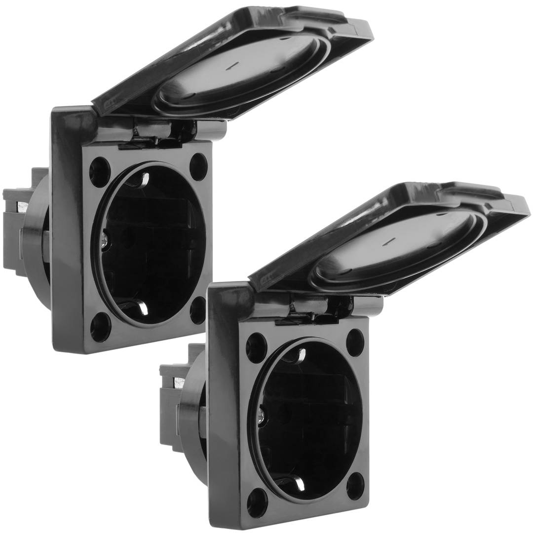 Parafuso de base de soquete Schuko embutido IP44 com tampa preta, pacote de 2