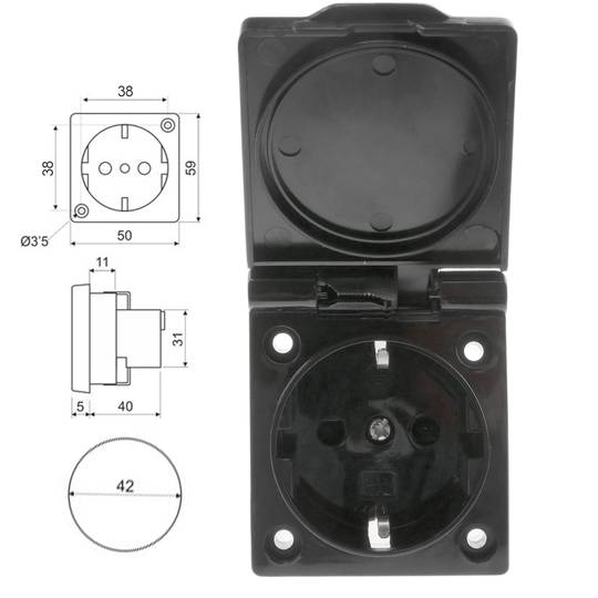 Parafuso de base de soquete Schuko embutido IP44 com tampa preta, pacote de 2